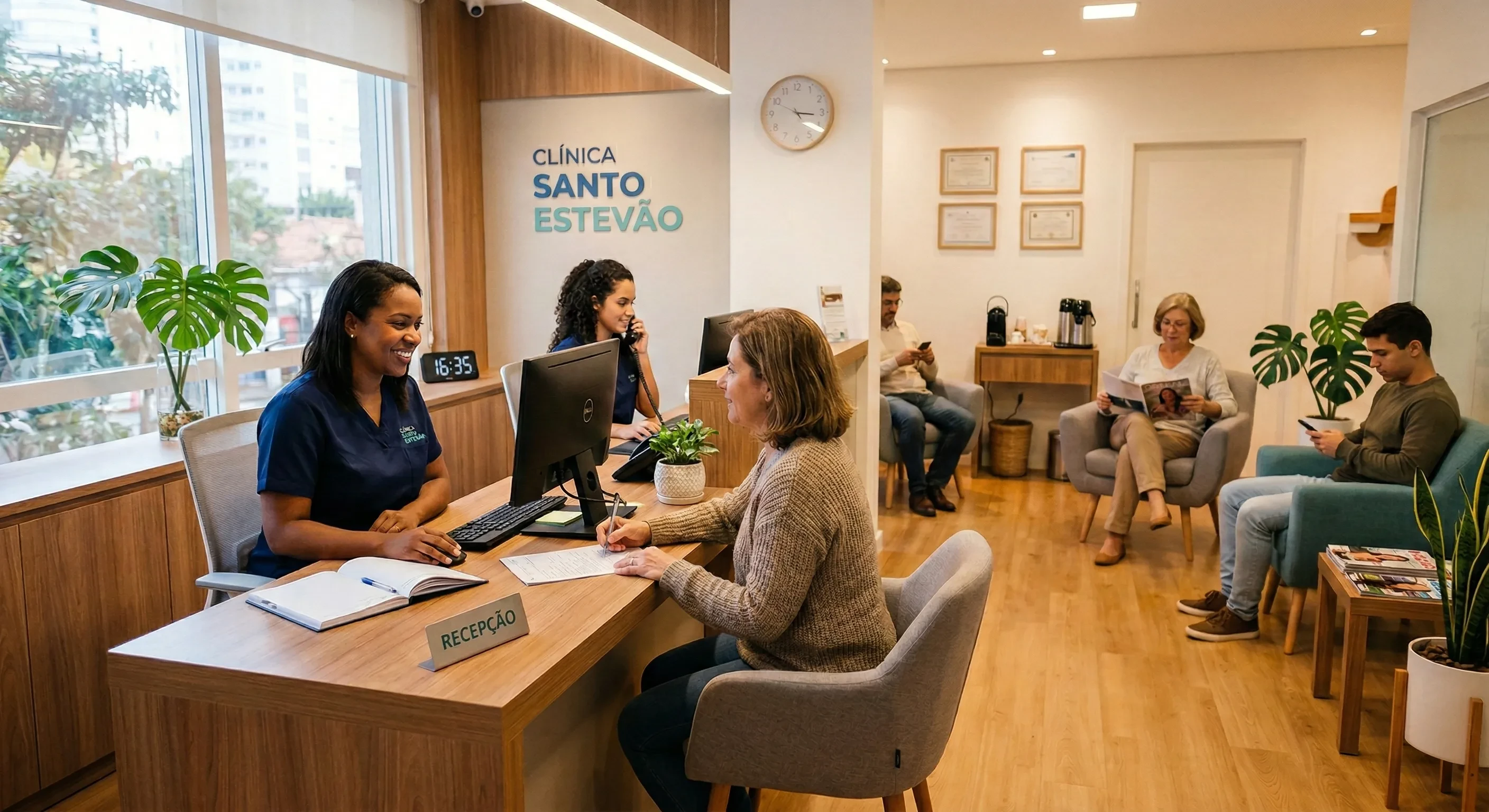 Recepção moderna e climatizada da Clínica Santo Estevão