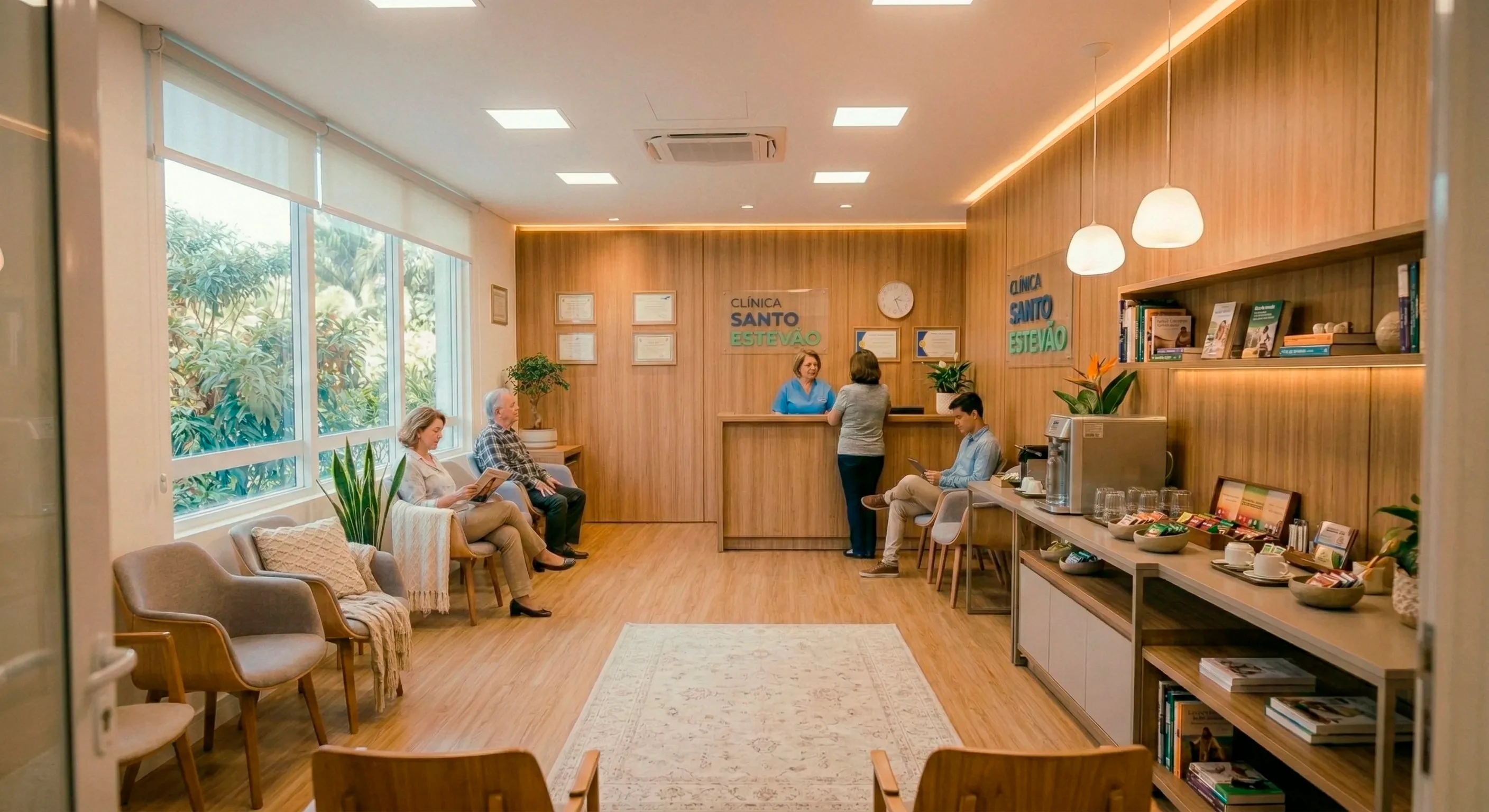 Sala de espera confortável com estação de café da Clínica Santo Estevão